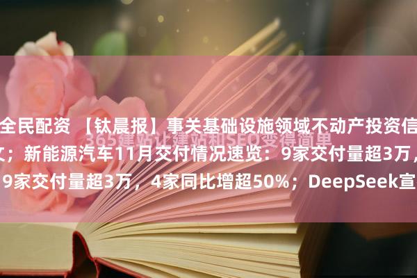 全民配资 【钛晨报】事关基础设施领域不动产投资信托基金,国家发改委发文;新能源汽车11月交付情况速览:9家交付量超3万,4家同比增超50%;DeepSeek宣布同...
